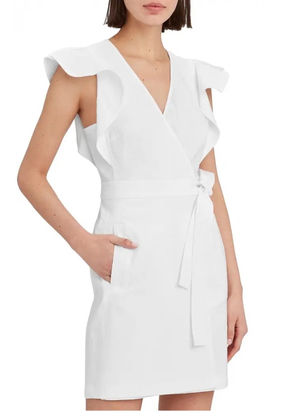 A.L.C. Sidelle Linen Blend White Wrap Mini Dress with Ruffle Sleeves, size S